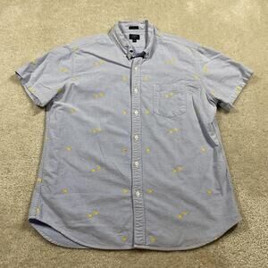 J Crew Shirt Mens XL Blue Oxford Short Sleeve Gold Fish Embroidered Slim Fit